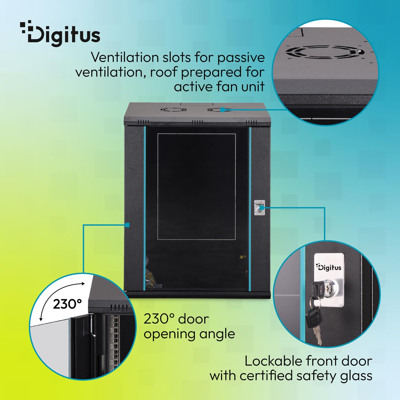 DIGITUS Armoire réseau – 19 Pouces, 16 U – Non montée – Dynamic-N – Noir | Profondeur de 450 mm – Profondeur utile de 320 mm – Montage mural – Capacité de charge de 60 kg – Porte vitrée
