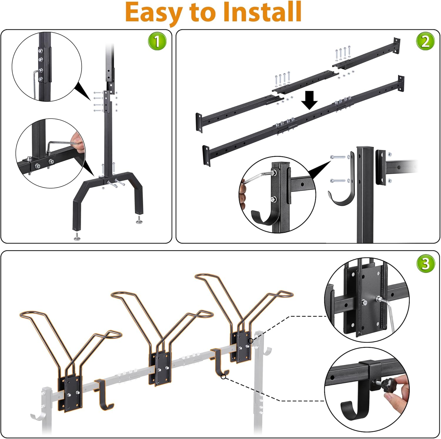 Cycle Storage Organizer Rack for 3 Bikes, Portable Bicycle Parking Rack with 4 Hooks, Bikes Floor Stand for Garage/Home/Indoor/Outdoor Use