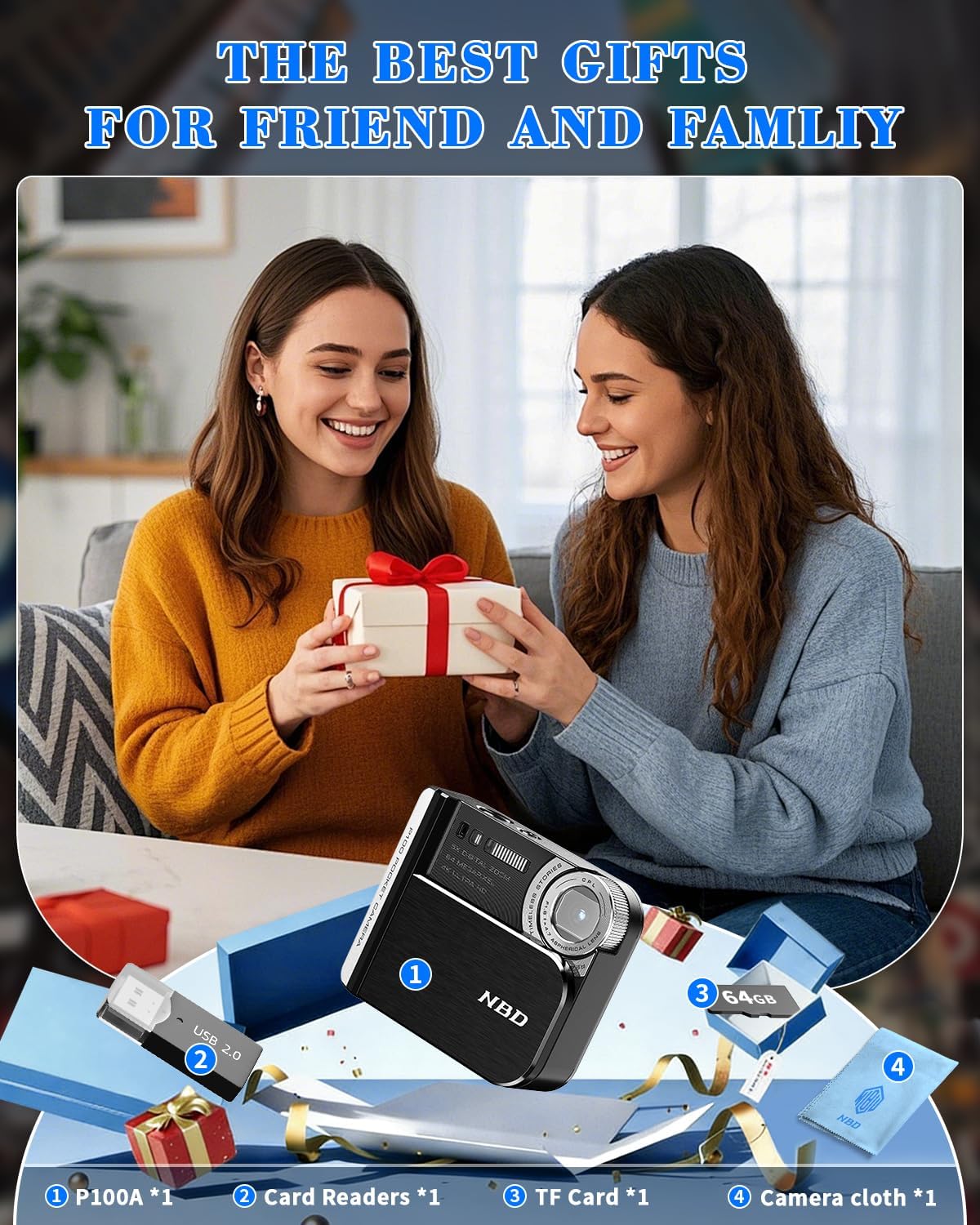 64MP&4K Digital Camera for Photography,Pocket Camera,Swipe to Power On,5X Digital Zoom,Dual Screen for Self-Framing,Auto Focus,21 Filters,USB Charging,64GB TF Card (Black)