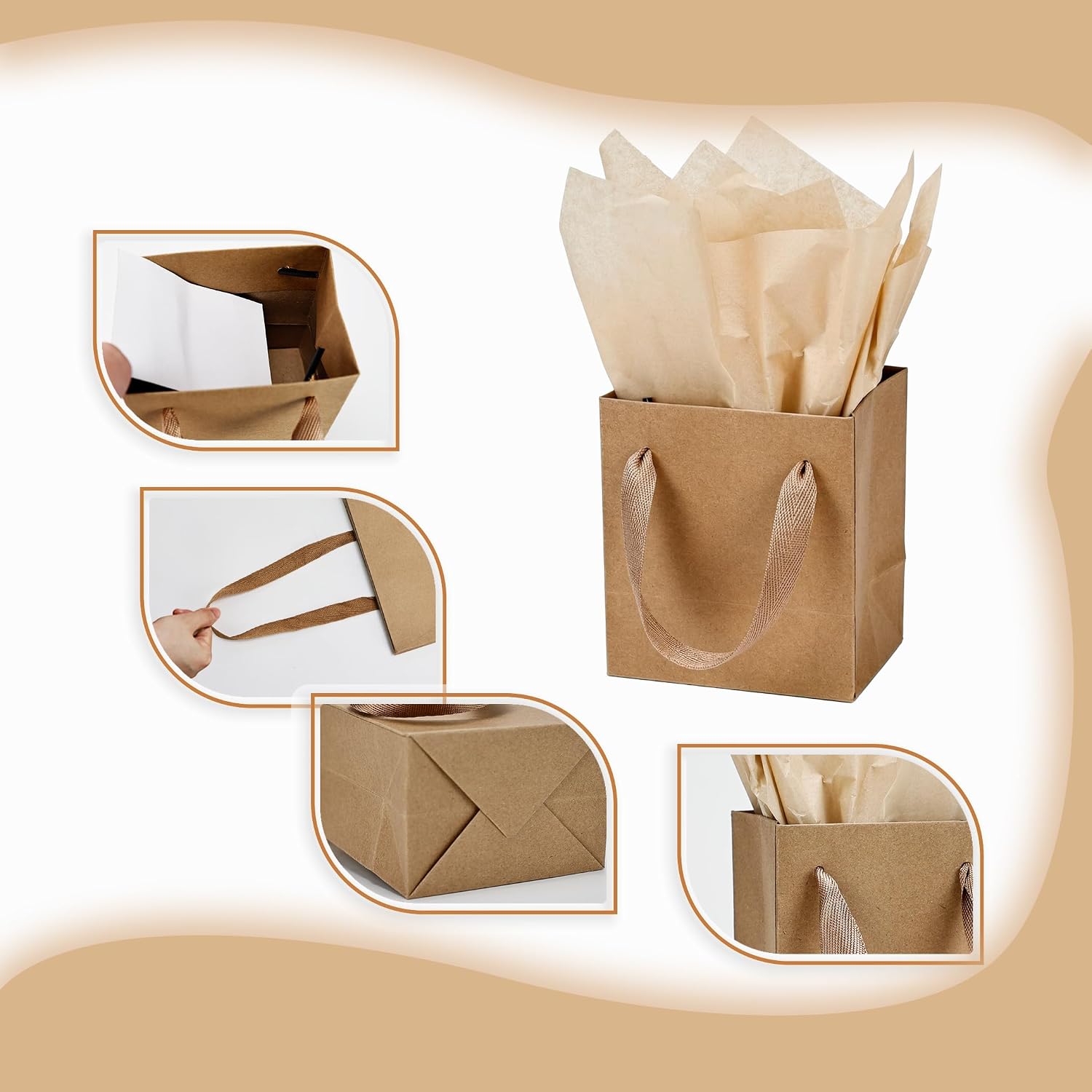 Papertide 6 Pack 4x2.8x4.5 Inch Mini Brown Gift Bags with Tissue Paper image 5