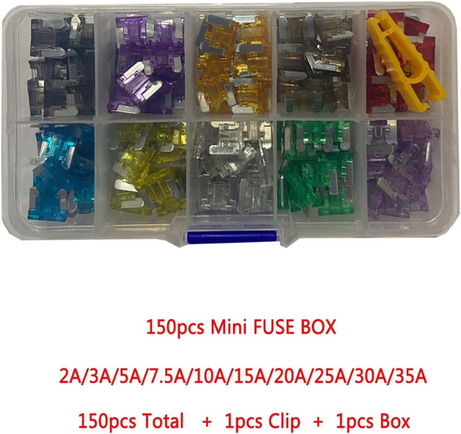 Mini fusibles for Coche de 150/100/50 Uds. con Surtido de Clip de Caja 2A/3A/5A/7.5A/10A/15A/20A/25A/30A/35A, Juego de fusibles Tipo microcuchilla automático for camión(100pcs with Box)