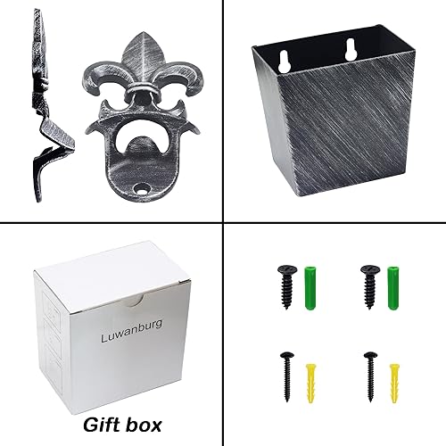 Miniatura 5 de Fleur De Lis - Abridor de tapas de cerveza montado en la pared, abridor superior de botellas de soda con captador de tapa, drenaje plateado antiguo