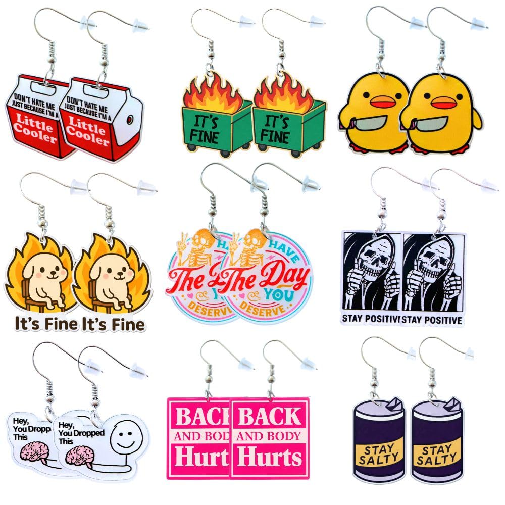 9PC Funny Earrings Pack Earring Jewelry Fun Cute Weird Unique Novelty Kawaii Funky Silly Wacky Whimsical Crazy Eccentric Quirky Sarcastic Meme Duck