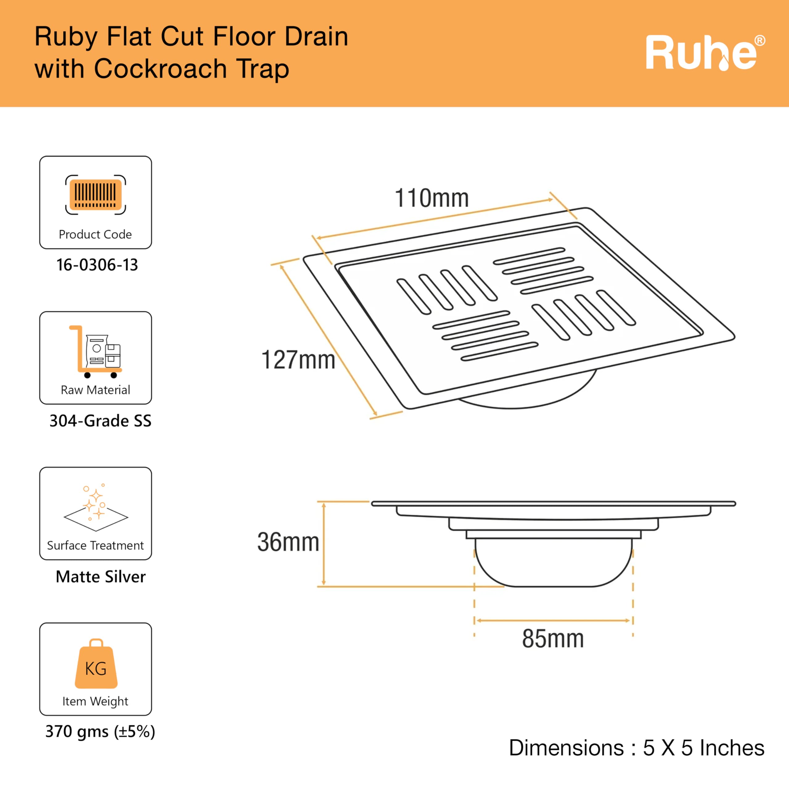 Ruheยฎ Ruby Exclusive Square Flat Cut Floor Drain with Cockroach Trap for Bathroom, Balcony, Home | 304-Stainless Steel Floor Drain | 5 x 5 inches