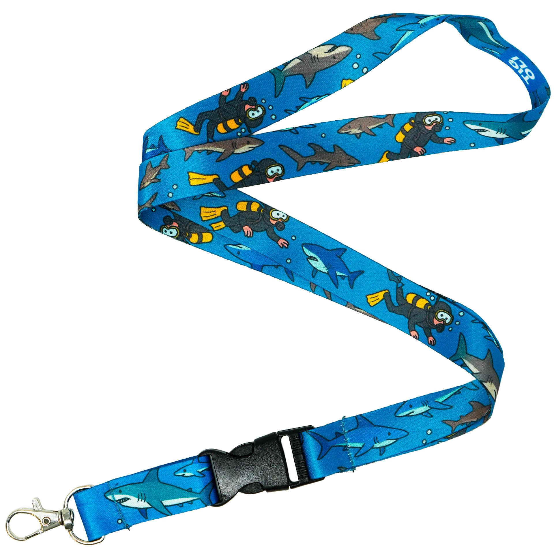 Tigoli Shark And Scuba Diver Pattern Lanyard Ocean Themed Marine Life Print Neck Strap With Detachable Buckle And Metal Lobster Clasp For Keys ID Badges And Phone Holder