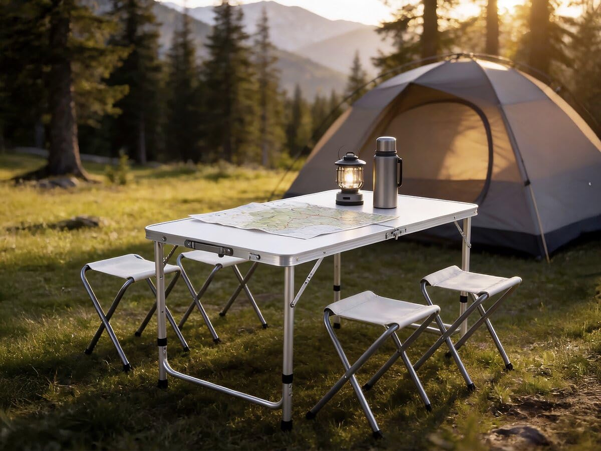 Habitat et Jardin Set di Tavolo da Campeggio e 4 sgabelli Pieghevoli - 125 x 60 cm - Bianco