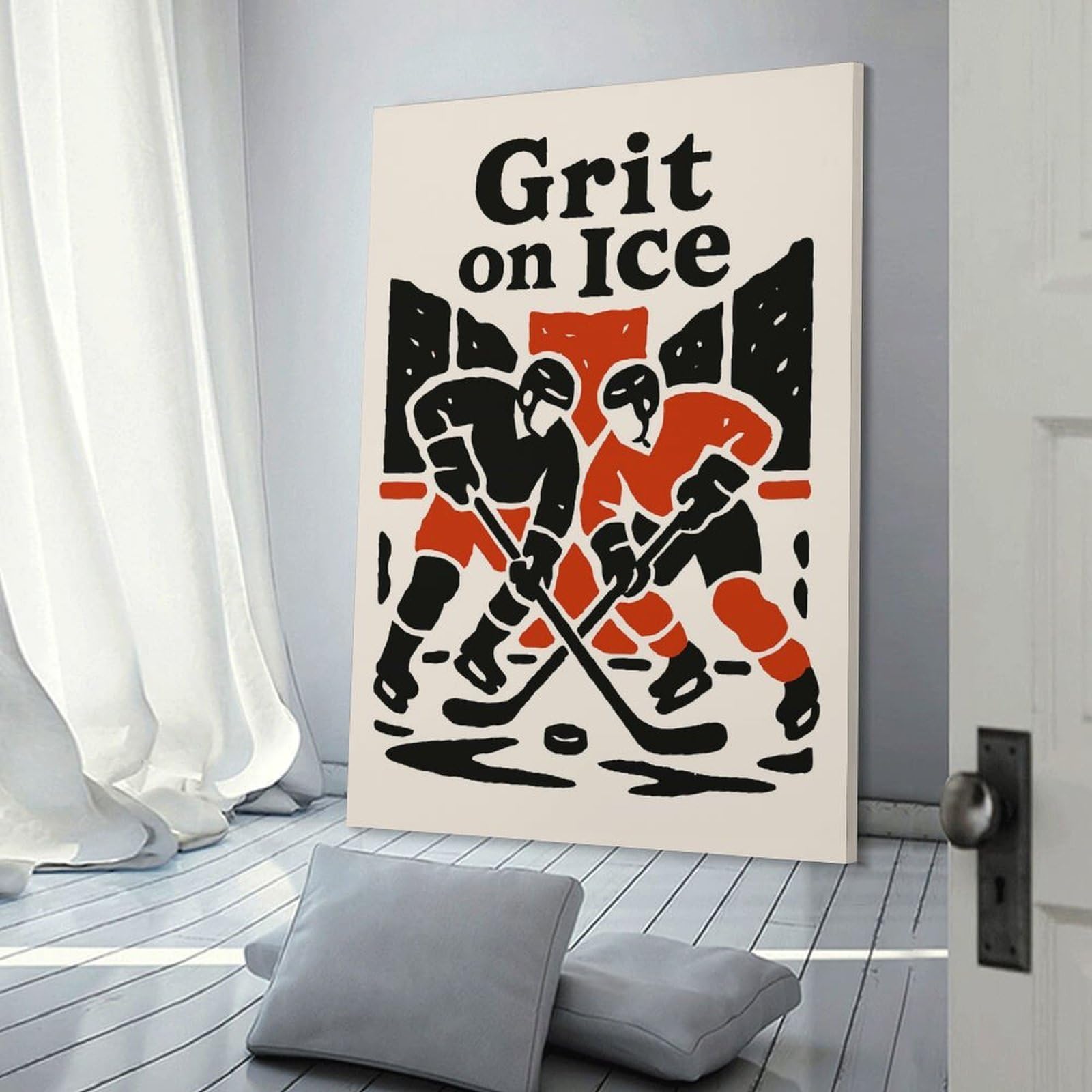 Junmoney Grit on Ice Hockey Hanging Wall Art 24x36inch(60x90cm), for Restful Interiors, Bedrooms Or Small Rooms, Home Artwork with A Soft Interior Feel