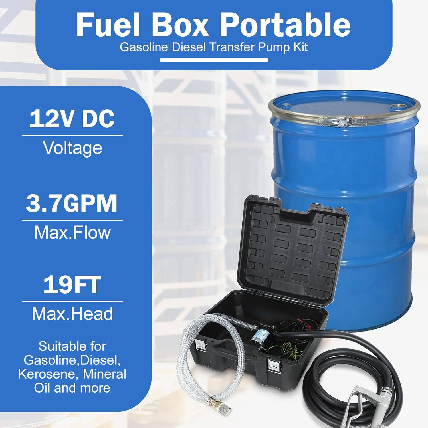 Gasoline Diesel Fuel Box Transfer Pump Kit Portable Self-Priming 12V DC Electric Fuel Pump with Alligator Clamps, Manual Nozzle, Delivery & Suction Hose for Gasoline Diesel Kerosene