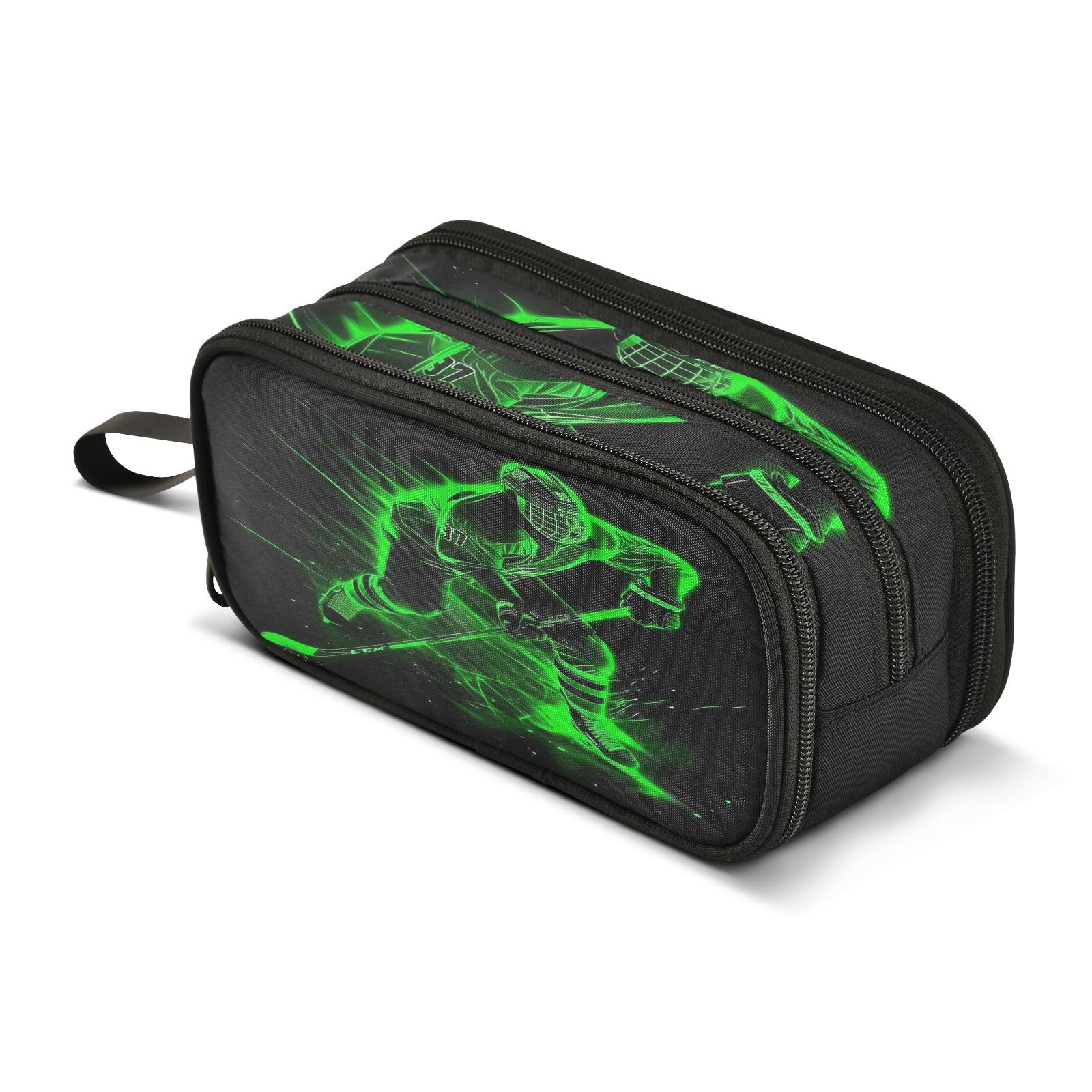 Green Hockey Player Pencil Case Large Capacity Pencil Pouch Boys Girls 3 Compartment Pen Bag School Office Stationery Organizer