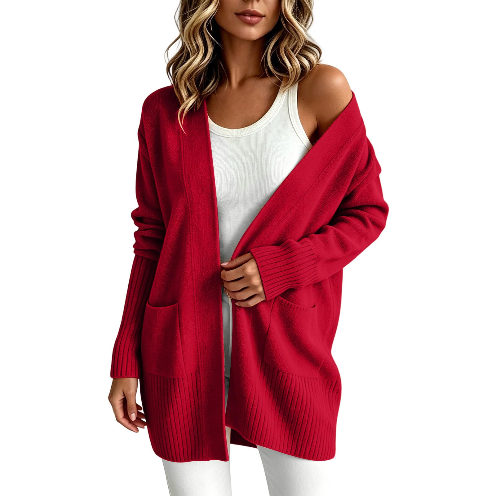 Gilet Ouvert pour Femme, Poches Latérales, Manches Longues, Coupe Longue
