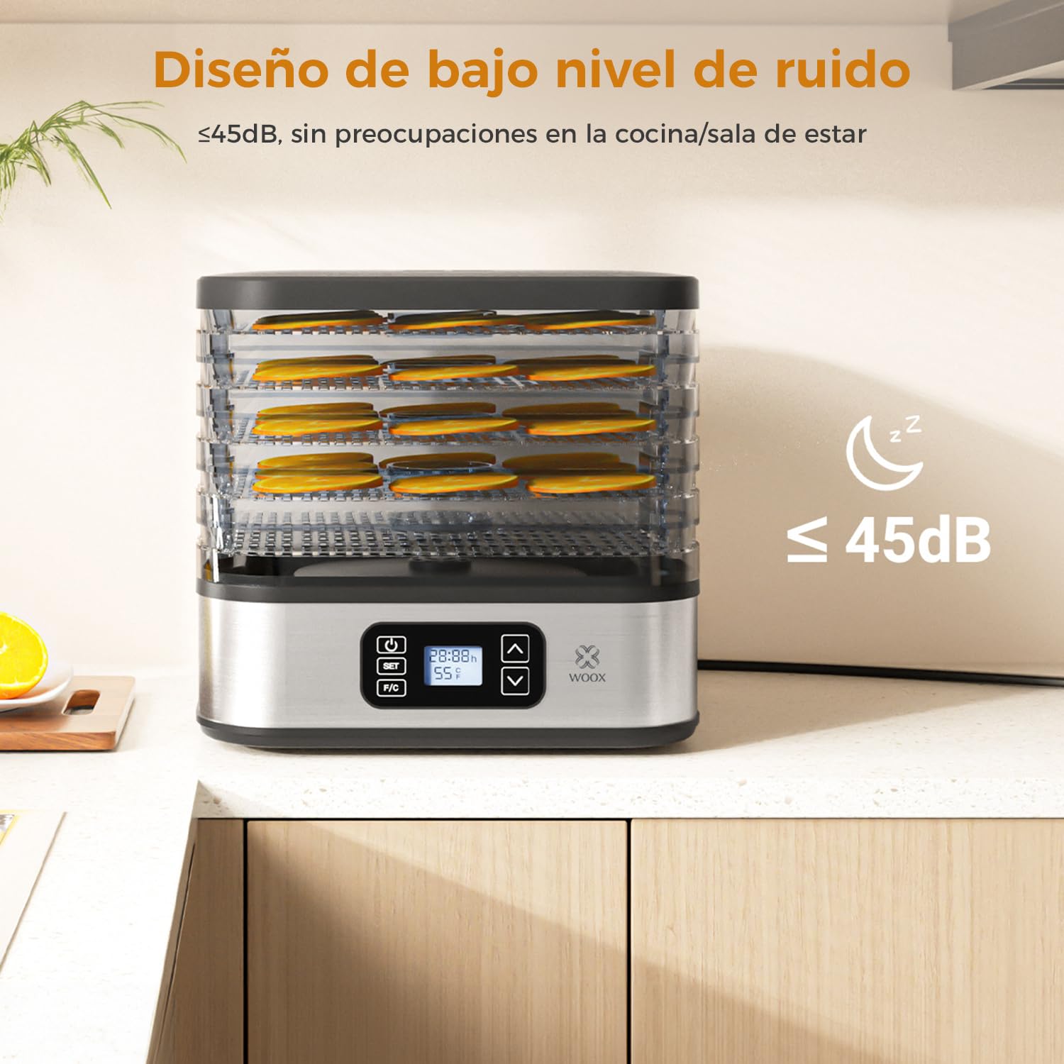 WOOX Deshidratador de Alimentos 240W, Deshidratador con 5 Bandejas Altura Regulable, Pantalla LED, Temporizador 99H y Temperatura Ajustable, Deshidratadora de Frutas y Verduras, Sin BPA