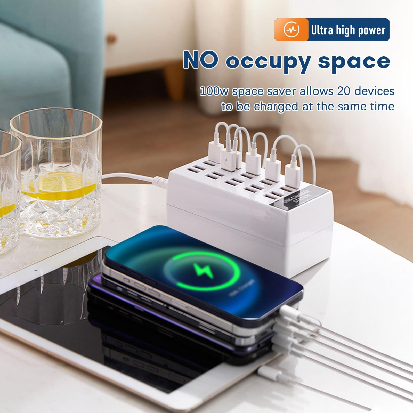 Station de Charge USB, Station de Charge de Téléphone avec Chargeur de Bureau à Charge Rapide Station de Chargeur USB Haute Puissance 20 Ports Multiprise USB pour Une Charge