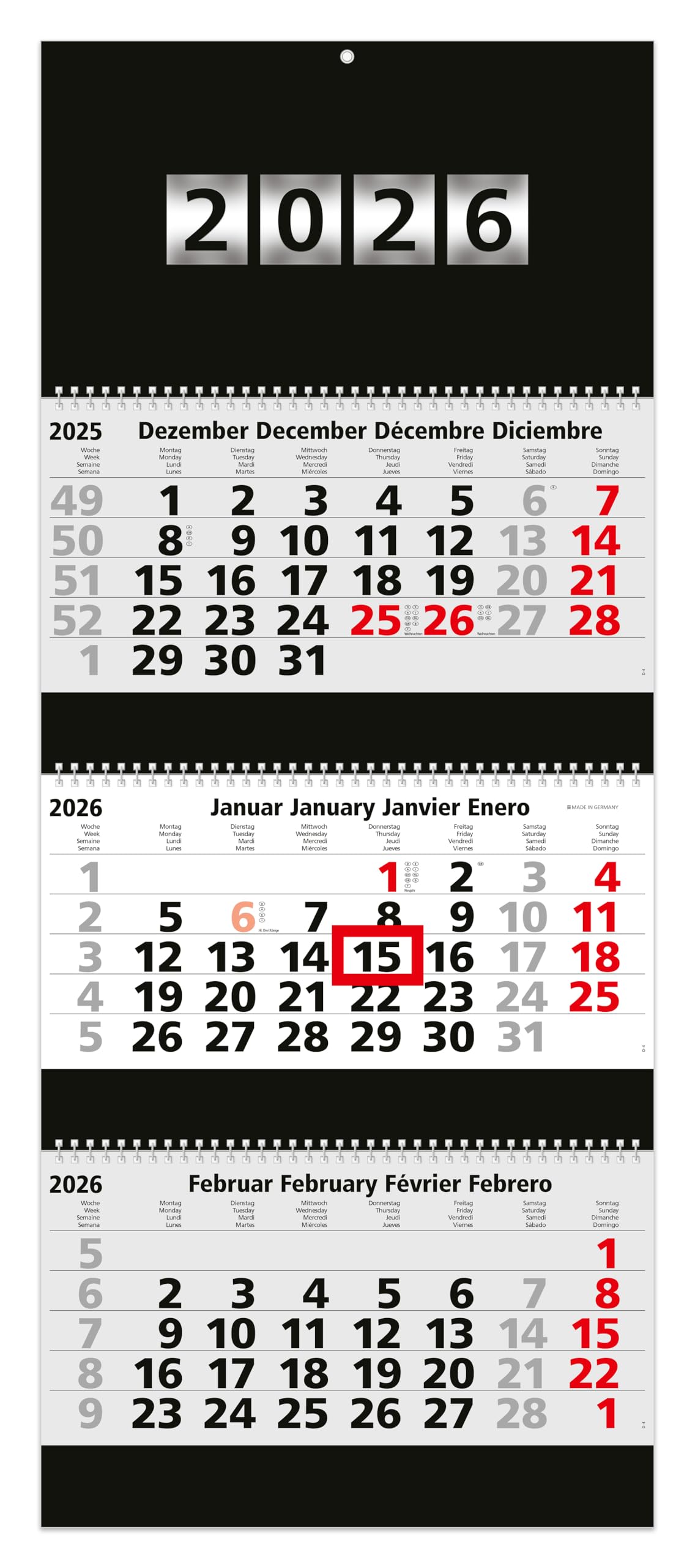 GEIGER-OFFICE 3-Month Calendar 2026 Premium Black Wall Calendar