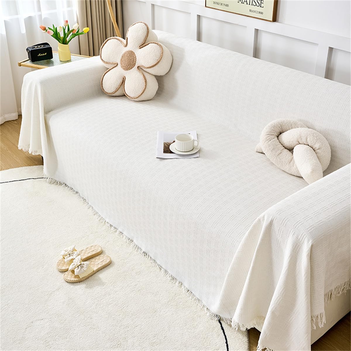Manta Sofa Grandes para Cama Plaid Sofa 1 2 3 4 Plazas Colores Sólidos Sofa Plaid Cama Reversibles Sofá Asiento Cama Doble (Blanco,180x380cm)