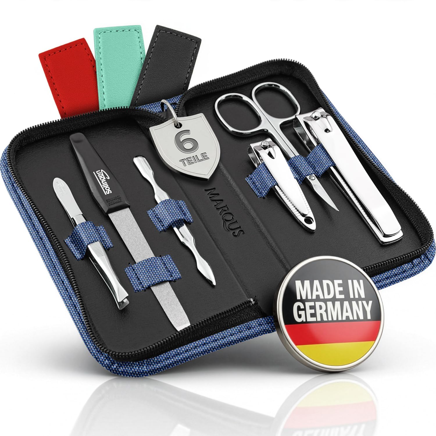Maniküre Set Solingen mit Top Preis/Leistung - Kunst-Leder Etui handlich und weich - 6teiliges Nagelset für Damen und Herren marQus aus glanzvernickeltem poliertem Stahl