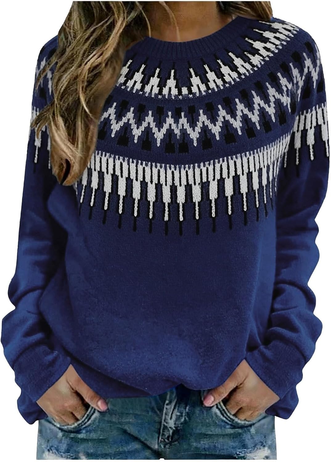 Fair Isle Sweater Women Crew Neck Knitted Cozy Lounge Sweater Vintage Cute Fall Winter Warm Pullover Tops for Women - Image 3