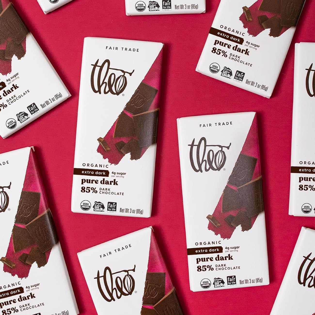 Theo Chocolate Pure Organic Dark Chocolate Bar 85% Cacao, 12 Pack | Vegan, Fair Trade