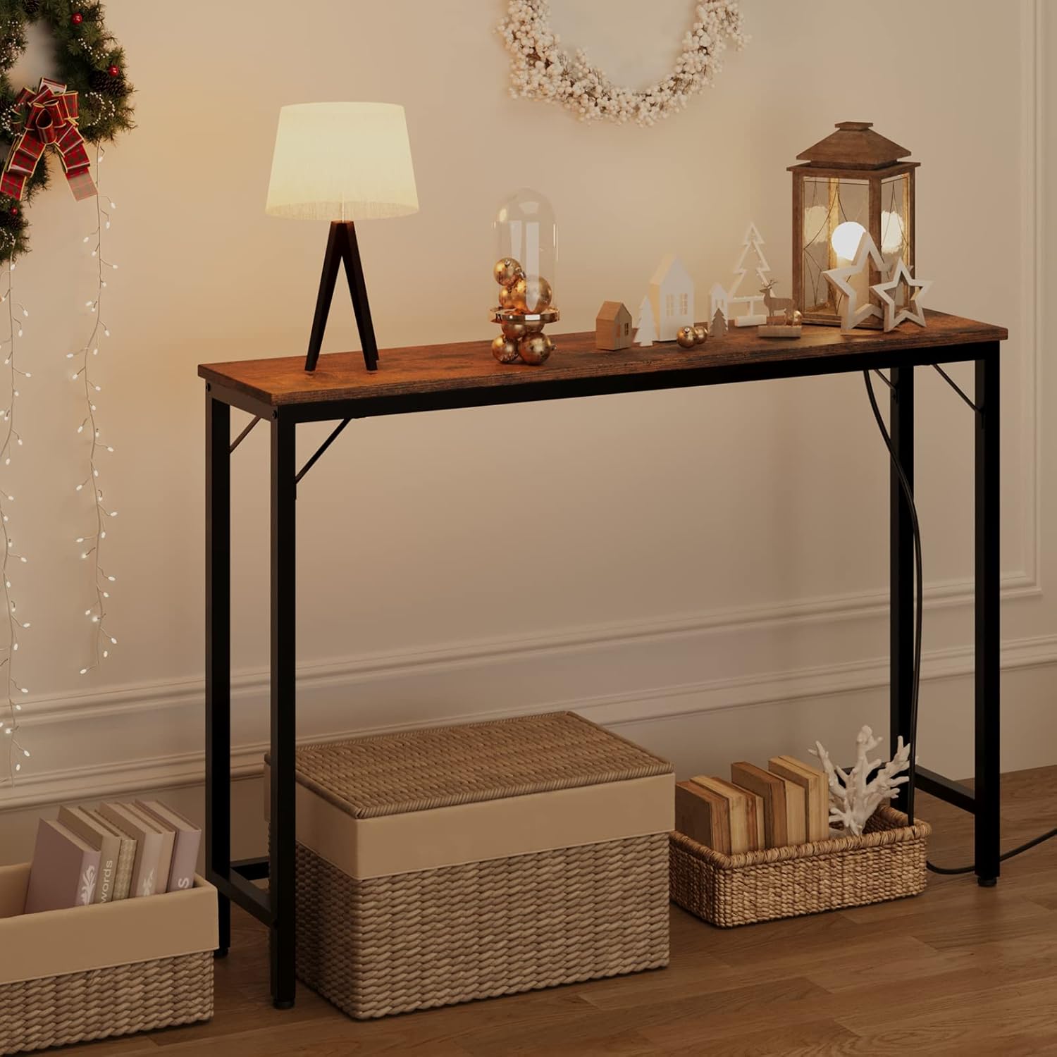 IDEALHOUSE Entryway Table with Power Outlets & USB Ports, Narrow Sofa Table with Charging Station, 39.3" Industrial Console Table, Behind Couch Table for Living Room, Hallway, Foyer, Bedroom-Vintage : Home & Kitchen