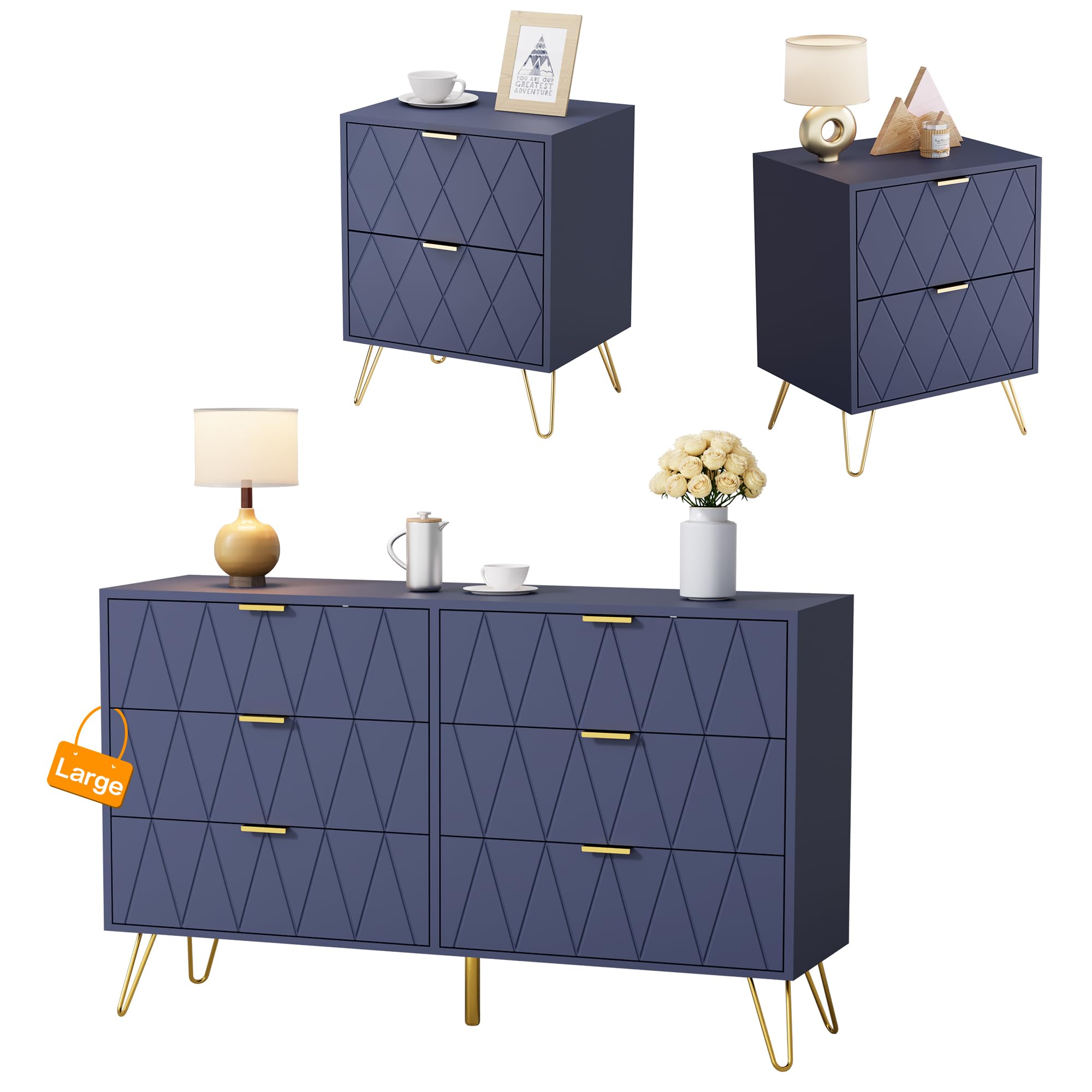 navy blue dresser and nightstand set Blue Vintage Mid-Century Modern Dresser Set | Gold Hardware & Detail | 9 Drawer Dresser + 1 Drawer Nightstand