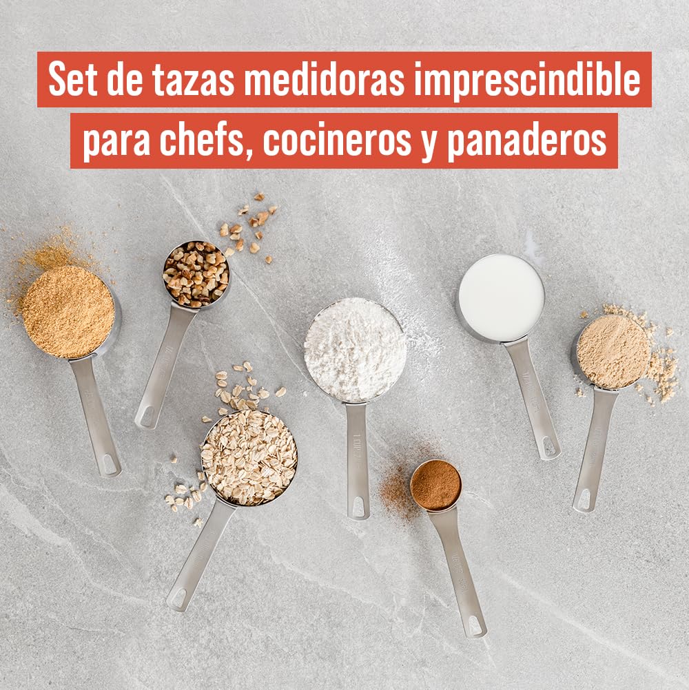 Chef Pomodoro Tazas Medidoras Cocina - Juego de 7 Piezas Medidores de Cocina Acero Inoxidable Apilables con Mango Largo y Resistente - Cucharas Medidoras para Ingredientes Húmedos y Secos