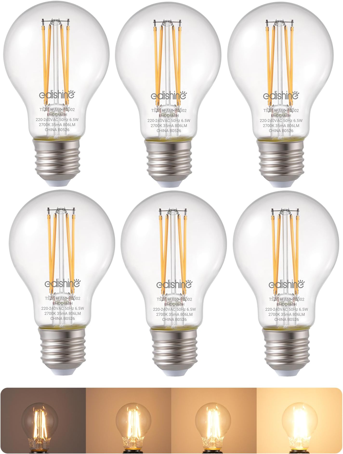 EDISHINE 6 Pack E27 Dimmable LED Edison Bulbs, E27 LED Bulbs Large Edison Screw, 6.5W 2700K Warm White, Flicker Free Energy Saving for Chandelier, Table Lamp