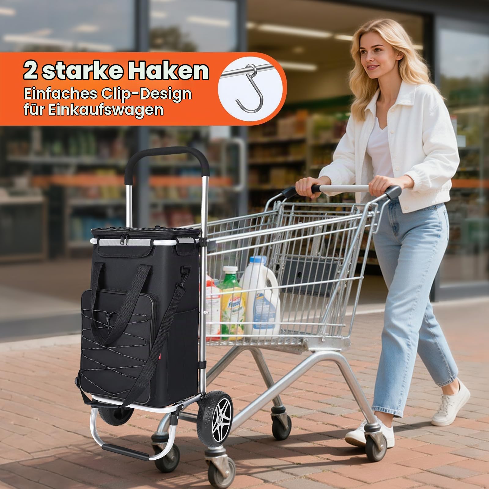 YEAUPE PRO Einkaufstrolley, Trolley groß mit Reflexstreifen 50L, 25kg, Matt-schwarz