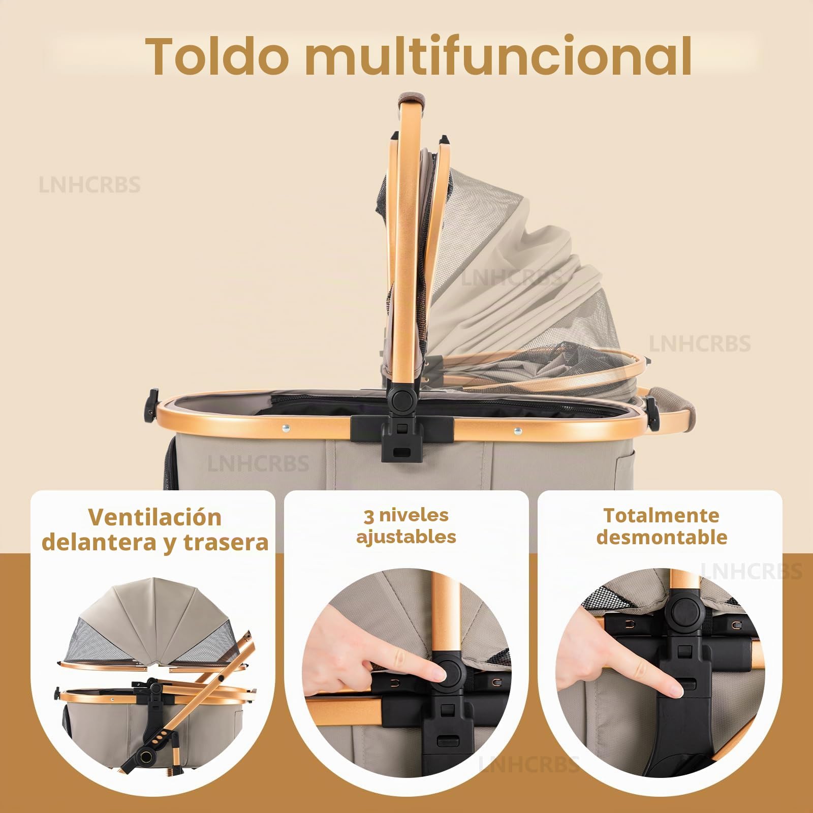 Carro Perro-Un Práctico Carrito Para Perros y Carro Para Perros con Cesta Desmontable, Chasis de Aluminio (Hasta 22 Kg)-Plegado en Un Paso, Gran Cesta-Para Mascotas Pequeñas/Medianas,Khaki