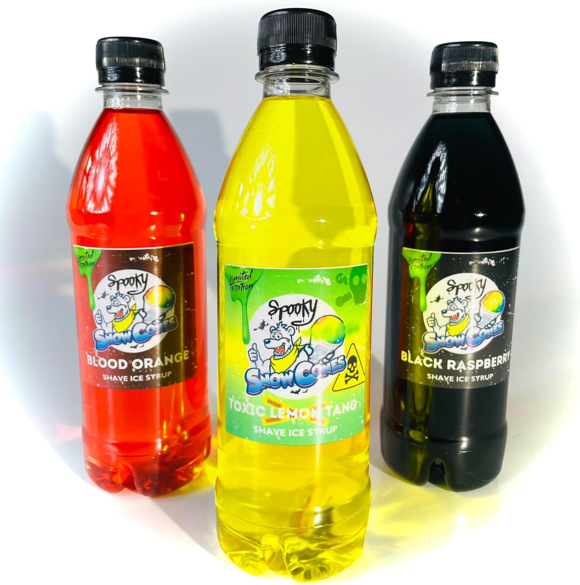 Slush Syrup|Snow Cone Syrup|3 x 500ml bottles (Halloween Special) Black Raspberry|Blood Orange|Toxic Lemon Tang| Includes FREE Snowy the Bear sticker pack
