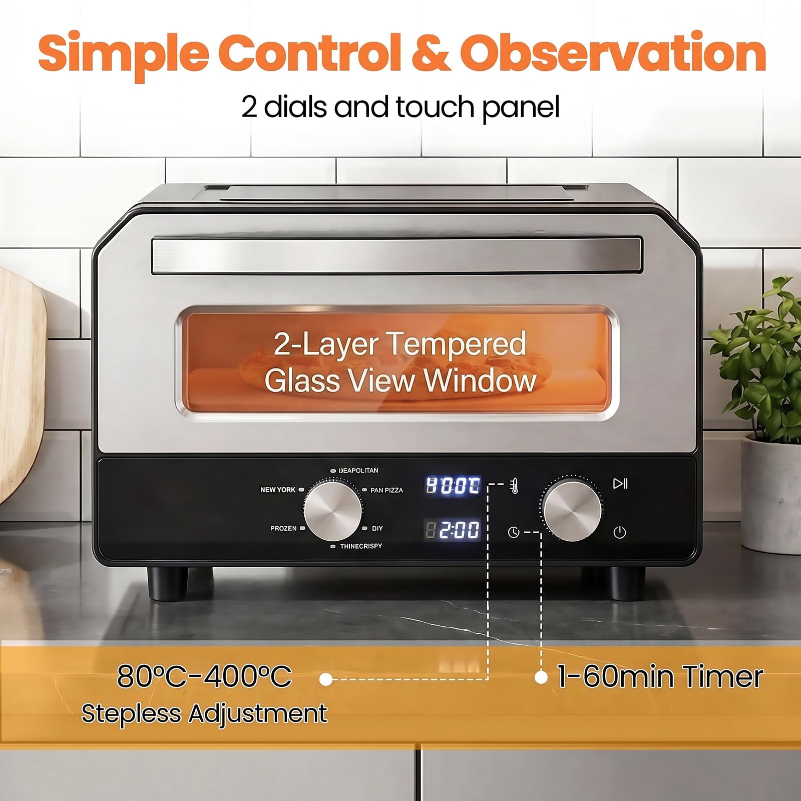 LIFEZEAL Four Électrique pour Pizza, Four de Table avec 6 Programmes, Cuisson en 2 Minutes, Température et Temps Réglables, Machine de Table pour Pizza à 400℃ avec Pierre Rétractable, Couteau à pizza