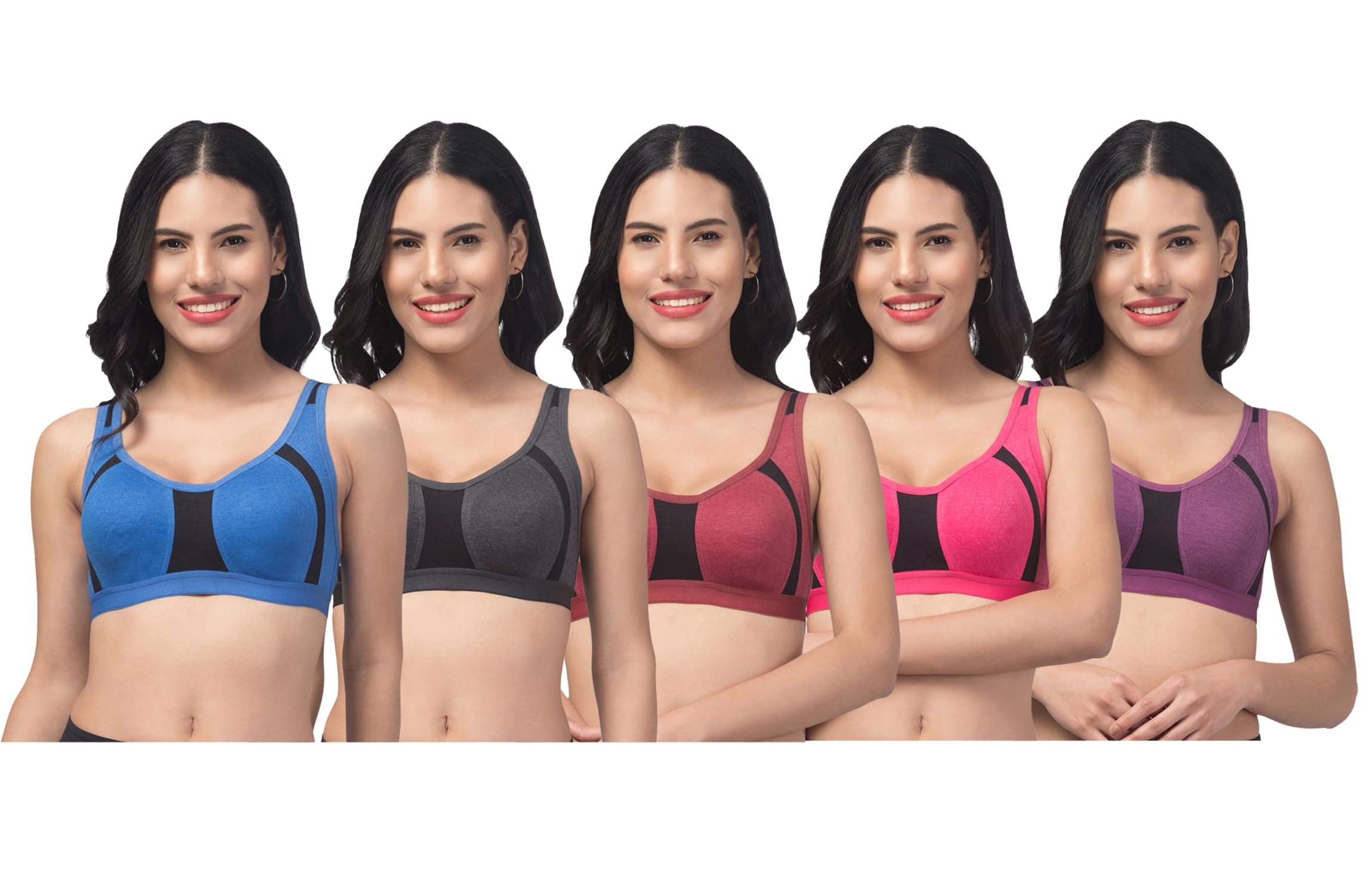 poksi Combo Set Womens Non Padded Sports Bra Solid Casual Regular Wear Cotton Multicolour (Set of - 5)-picture-19
