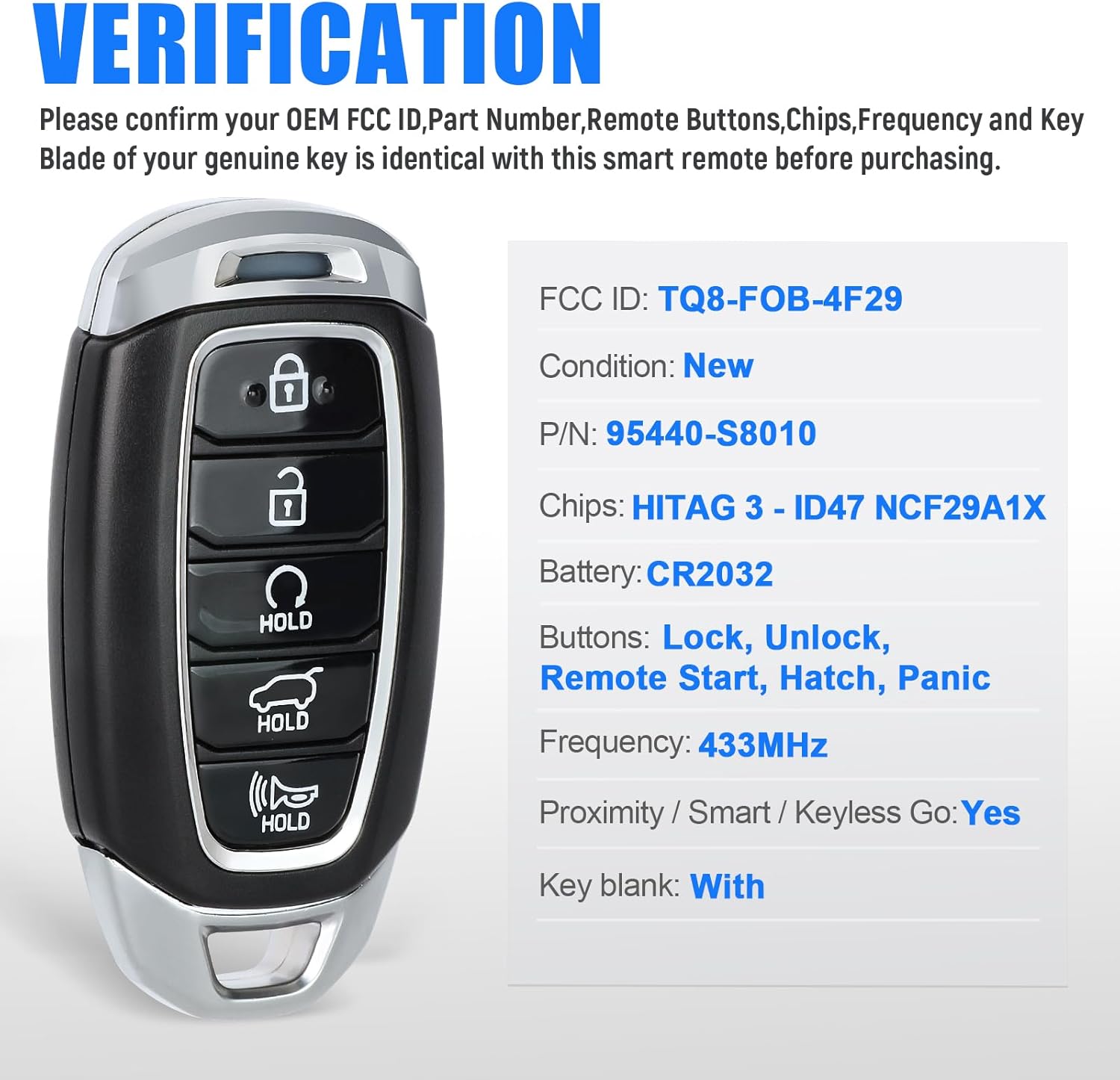 Keymall Keyless Entry Replacement Proximity Remote Smart Key Fob for Hyundai Palisade 2020 2021 2022 TQ8-FOB-4F29 95440-S8010 433MHz