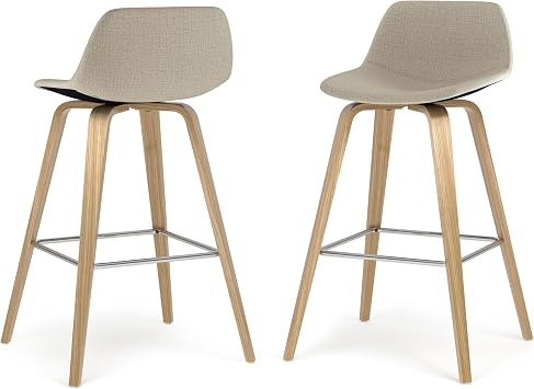 SIMPLIHOME Randolph Counter Stools Set of 2 - 28 Inch Seat Height Upholstered Bentwood Bar Stools in Natural Polyester Linen Fabric, Mid Century Modern Seating with Curved Backrest and Footrest