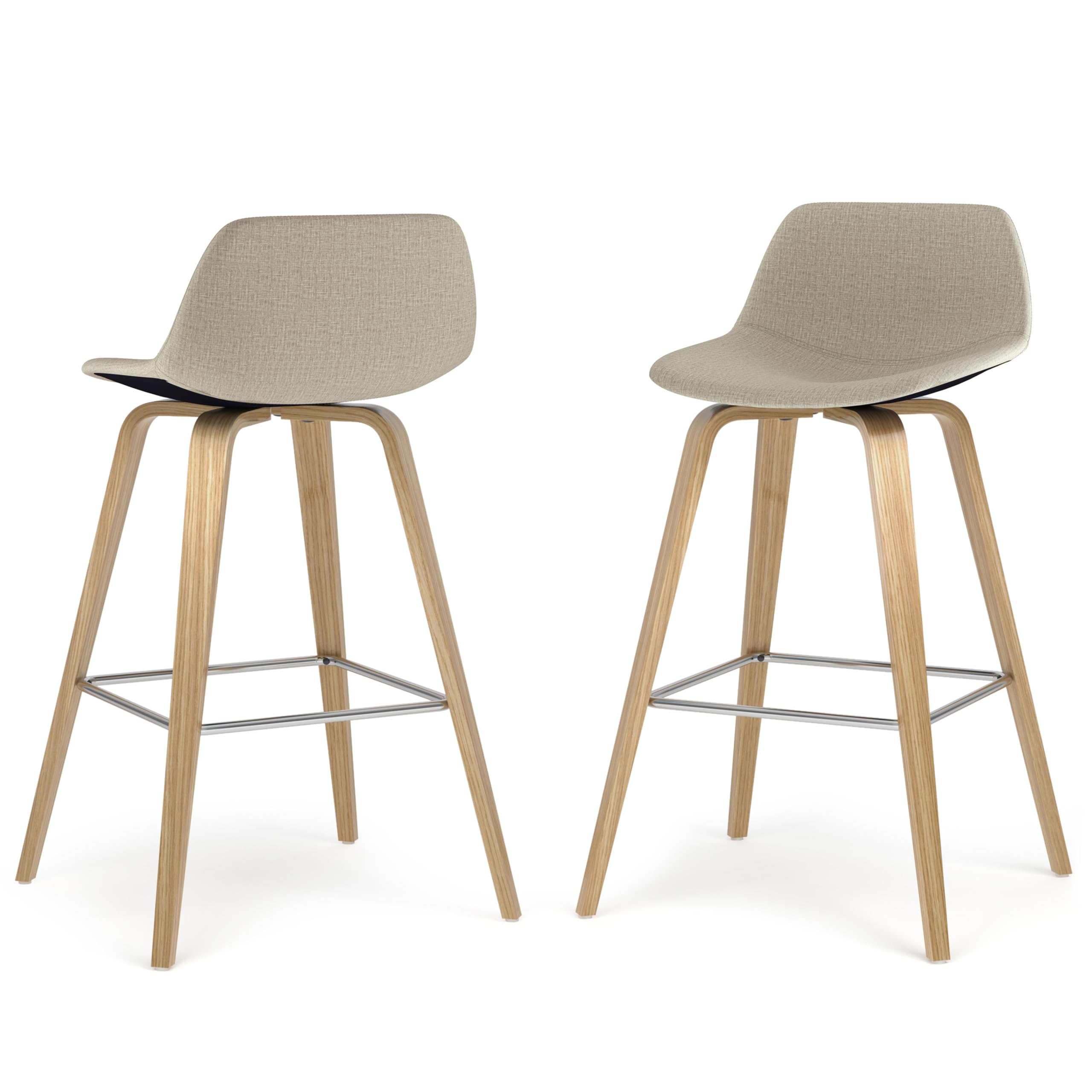 SIMPLIHOME Randolph Counter Stools (Set of 2) - 28 Inch Seat Height Upholstered Bentwood Kitchen Seats in Natural Polyester Linen Fabric, Mid Century Modern Seating with Curved Backrest and Footrest