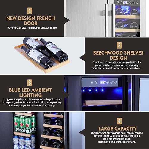 Miniatura 6 de Refrigerador de vino y bebidas de acero inoxidable de 24 pulgadas de doble zona, refrigerador de vino de cerveza debajo del mostrador con puerta