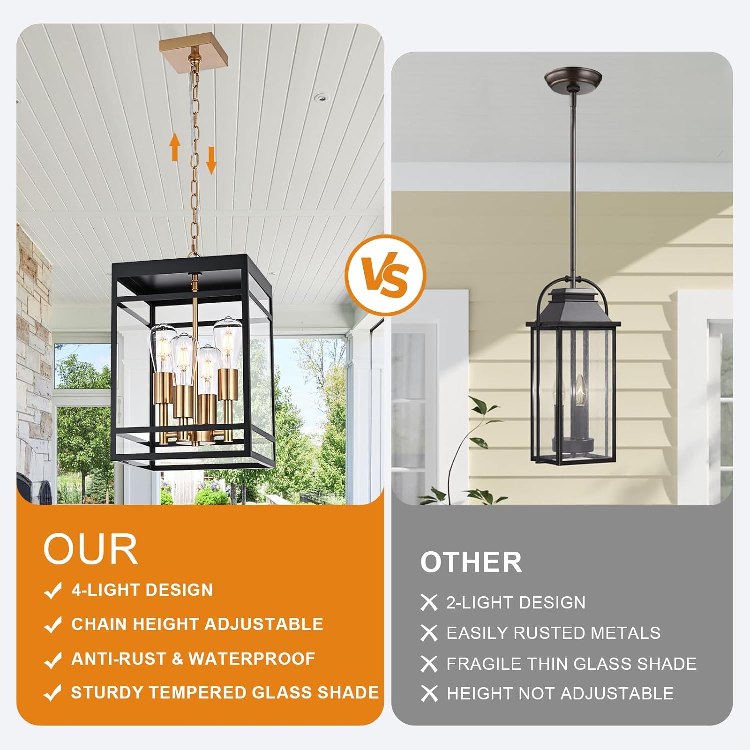 VINLUZ 16" Outdoor Pendant Light with Adjustable Chain, 4-Light Black and Gold Finish Outdoor Hanging Light Fixture, Exterior Linear Hanging Lantern Chandelier for Entryway, Patio, Garden, Front Door