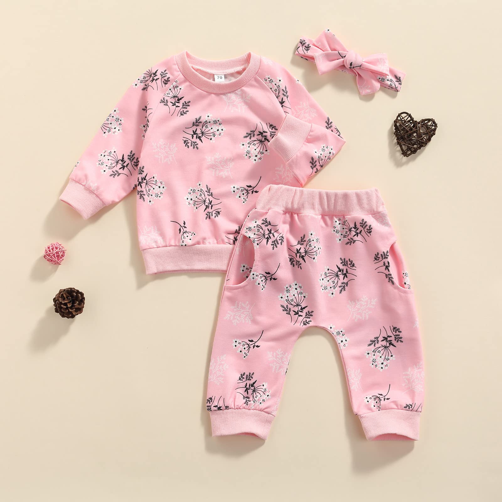 Hnyenmcko Newborn Baby Girl Clothes Set Floral Long Sleeve Sweatshirt Tops Long Pants Fall Winter Infant Outfits (Pink, 18-24 Months)