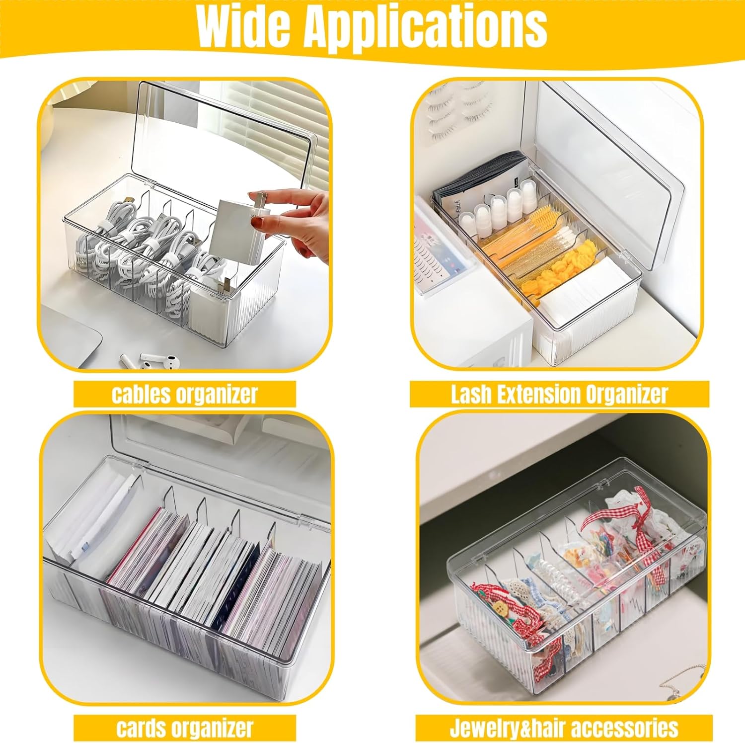 2 Pack Lash Extension Organizer, Clear Eyelash Cart Storage Boxes with 6 Compartments, Separated Large Capacity Eyelash Extension Supplies Storage Container for Lash Techs