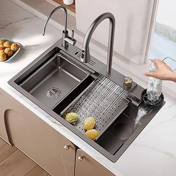 Waterfall Brushed Gold Kitchen Sink, Drop In Single Bowl Kitchen Sink With Pull Down Spray Head Faucet, Stainless Steel Workstation Sinks for Bar, Travel Trailer(75cm)