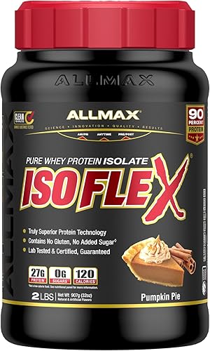 ALLMAX ISOFLEX aislado de proteína de suero de leche, pastel de calabaza, 2 libras, 0.95 oz de proteína por cucharada, cero grasa y azúcar, 99%