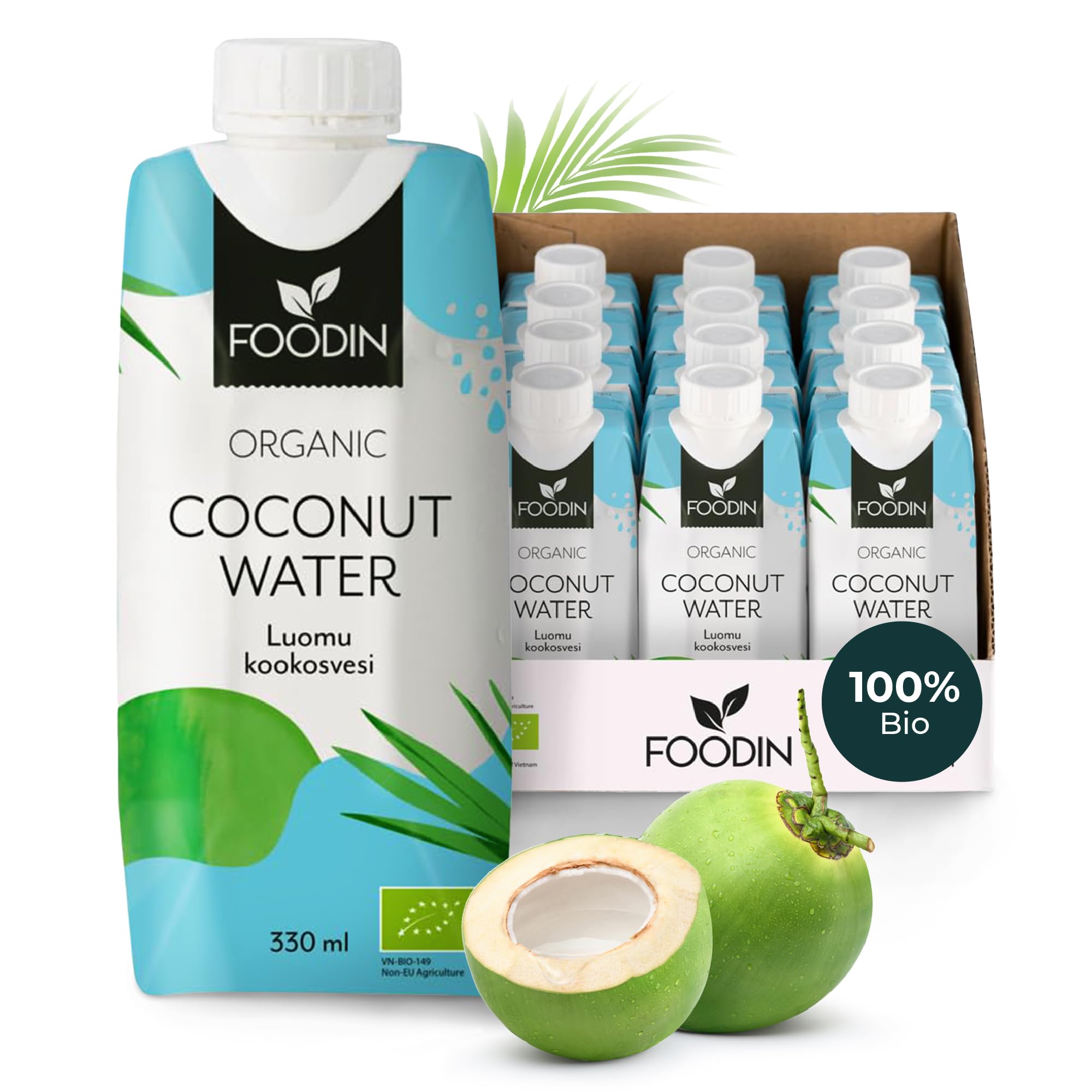 Foodin Bio-Kokoswasser – 100% natürliches Kokosnusswasser mit Elektrolyten – glutenfrei, kalorienarm, fettfrei, vegan – 12er Pack (12 x 330ml)