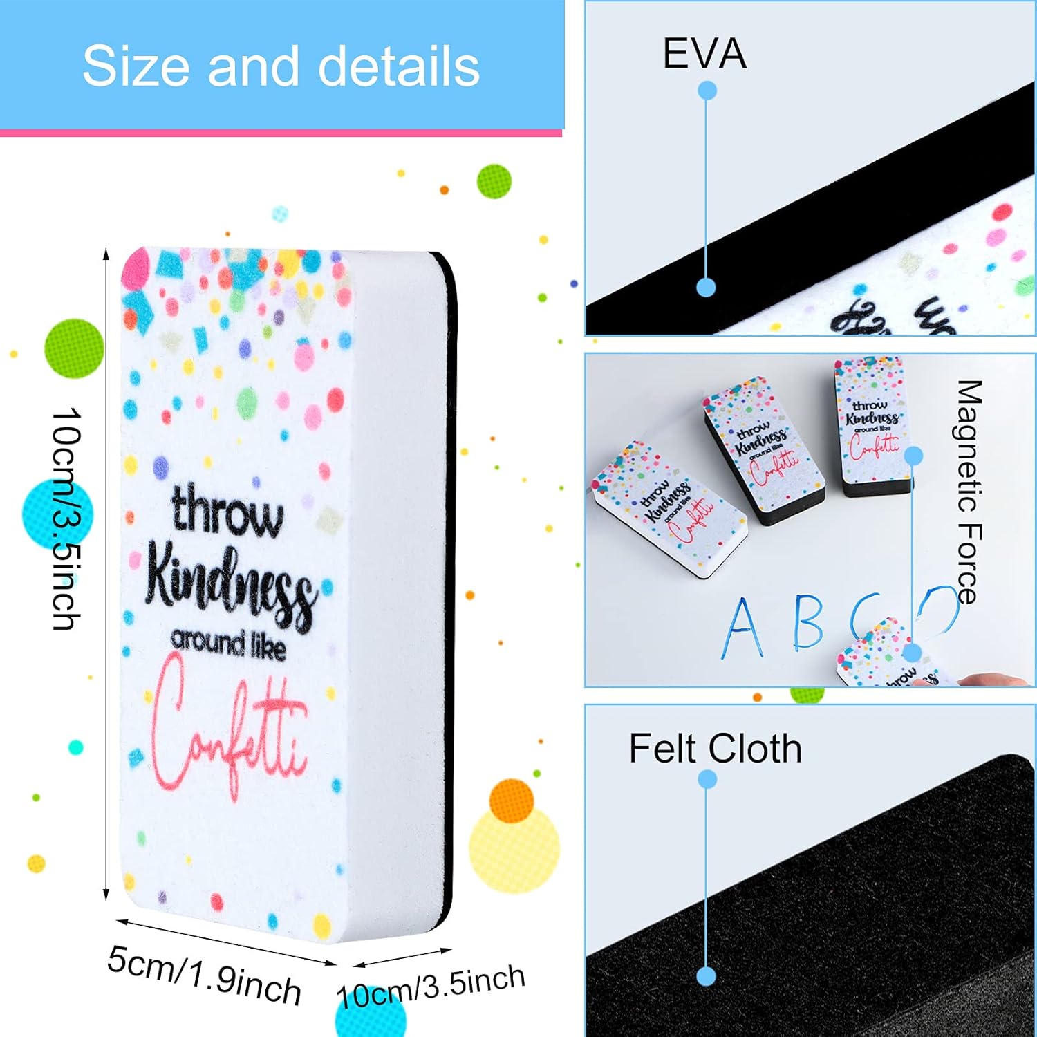 Confetti Magnetic Whiteboard Eraser Colorful Confetti Theme Classroom Erasers Small Dry Eraser Whiteboard Cleaner Wiper Erasers with Felt for Home Office School Classroom Teacher (8) : Office Products