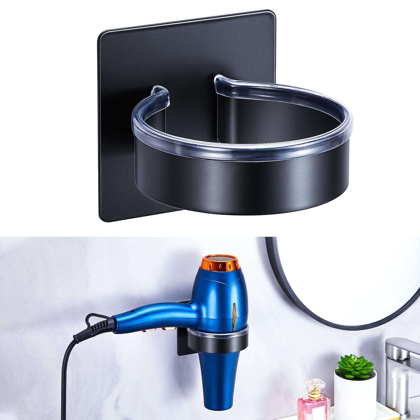 YAYINLI Hair Dryer Holder Wall Mounted Hairdryer Holder Station, Hair Dryer Holders, Hair Tool Organiser Hair Dryer Storage, Adhesive Hair Dryer Stand, Hair Dryer Rack for Bathroom (Black)