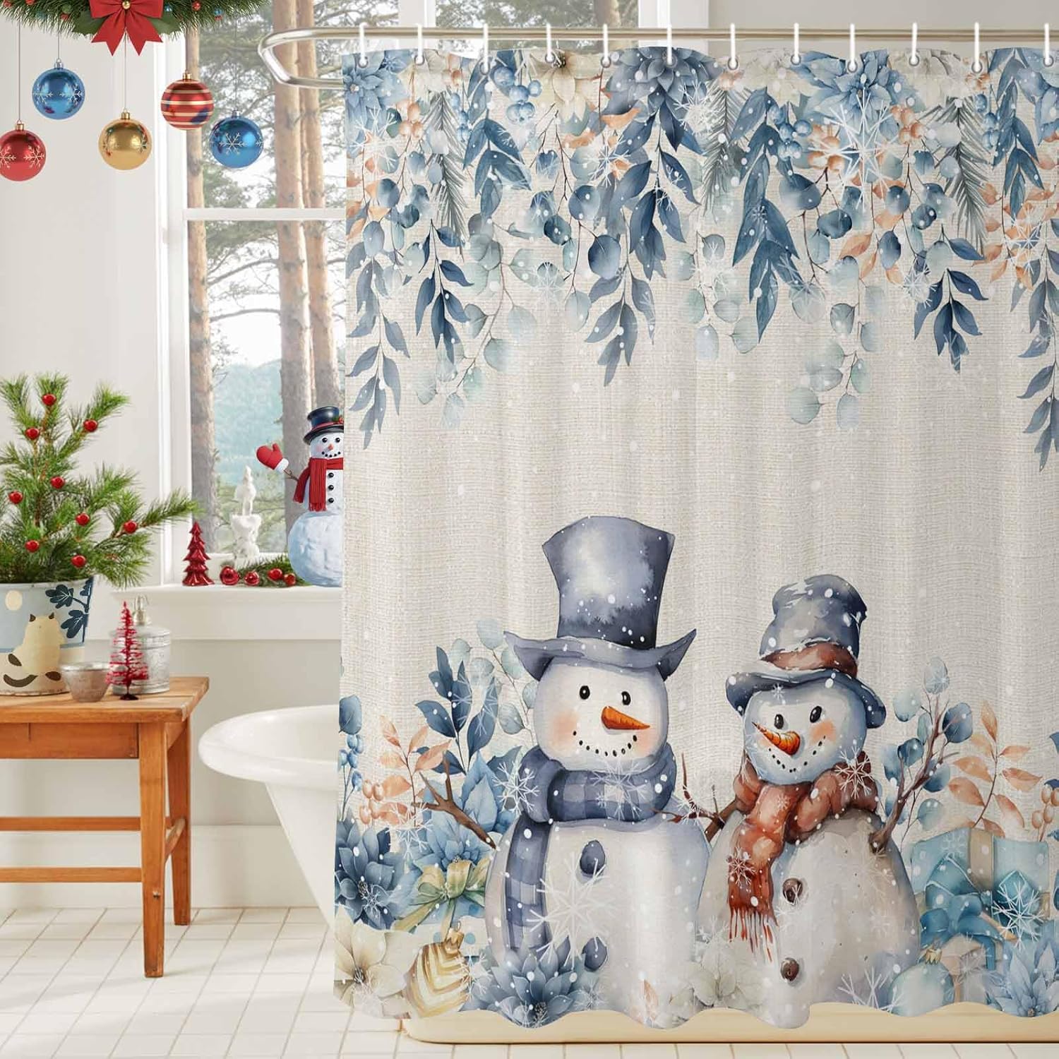 Christmas Shower Curtain for Bathroom 72" x 84" Blue Christmas Snowman Gift Flower Holly Eucalyptus Linen Shower Curtain with Hooks Polyester Waterproof Home Bathtub Decor