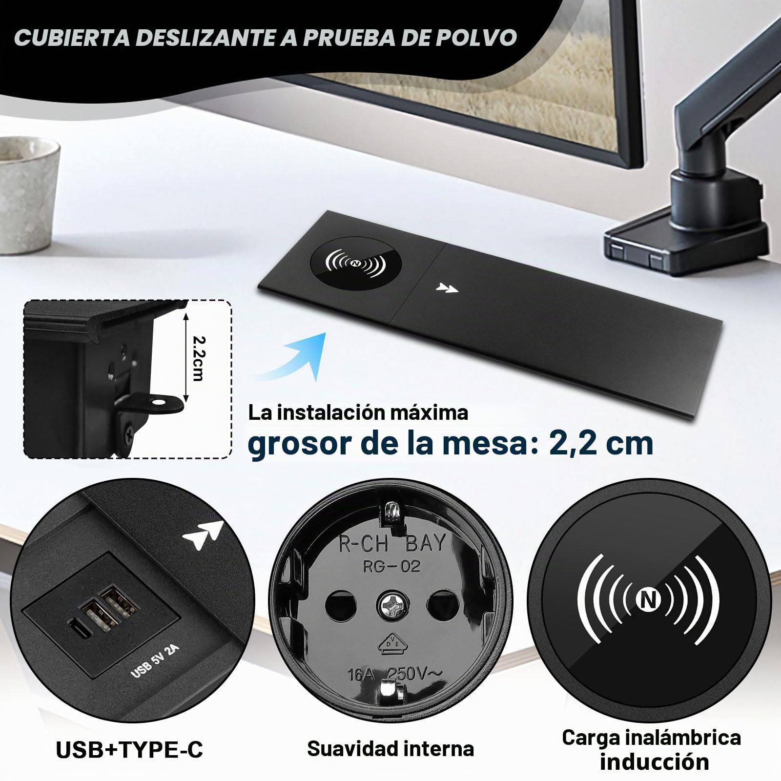 Enchufe empotrable retráctil con Tapa, 2 enchufes, regleta USB C PD | enchufe de mesa, enchufe empotrado, para escritorio, cocina, oficina, mesa de sofá, mesa de conferencias, color negro