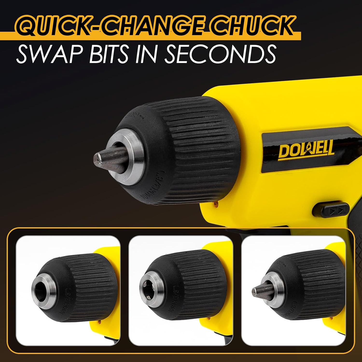 DOWELL 8V Cordless Drill Tool Set 58 PCS, Built-in LED, Variable Speed, Type-C Charge Cable, Blow Molded Case, for DIY, Home Maintenance & Light Drilling, Yellow