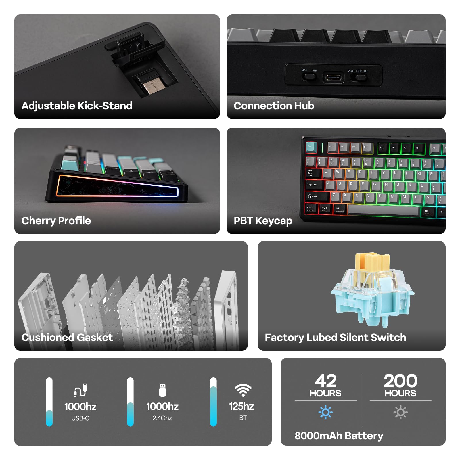 EPOMAKER TH80 V2 75% Wireless Mechanical Gaming Keyboard, 8000mAh & 2.4G/BT, Mac Modifier, RGB Backlit & Side Light, Programmable Keys & Knob, Creamy Keyboard for Mac/PC (Black, Sea Salt Silent) - 4