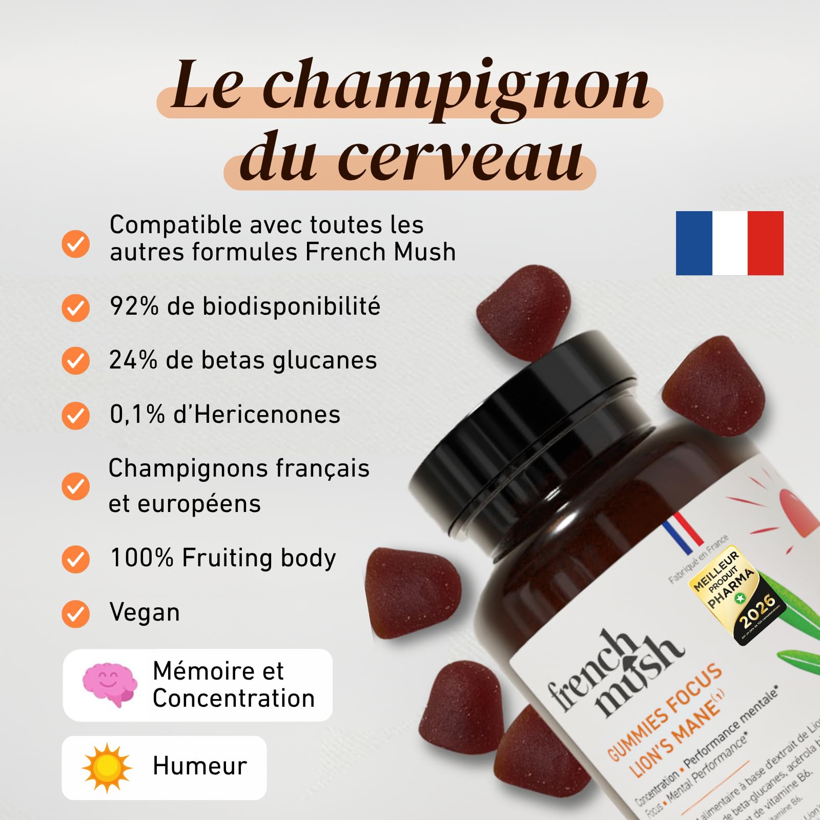 French Mush Lion’s Mane Gummies – Complément Mémoire et Concentration – Multivitamines avec Vitamine C, B6, Acérola et Thé Vert – Bien-Être, Relaxation – 42 Gummies Vegan Multifruits