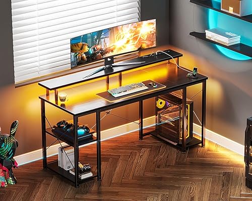 Miniatura 2 de ODK Escritorio para juegos de 55 pulgadas con luces LED y tomas de corriente, escritorio para computadora con soporte para monitor y estantes de