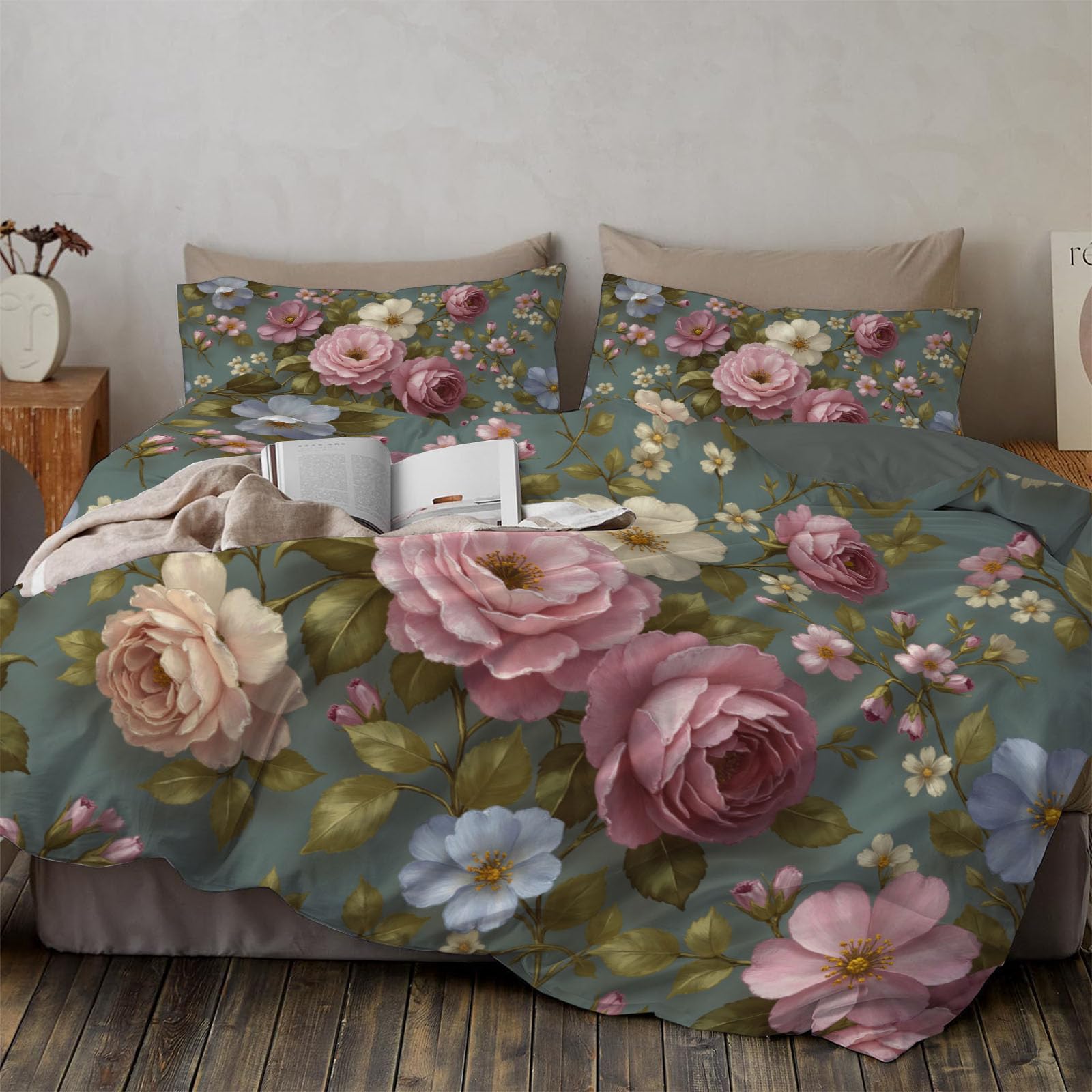 Parure de lit 240x220cm motif roses housse de couette jaune-vert réversible