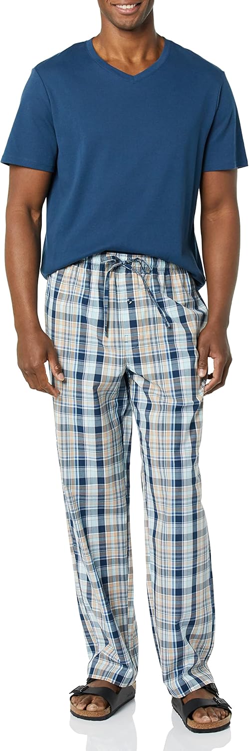 Amazon Essentials Men's Cotton Poplin Pant with Cotton Jersey T-Shirt Pajama Set